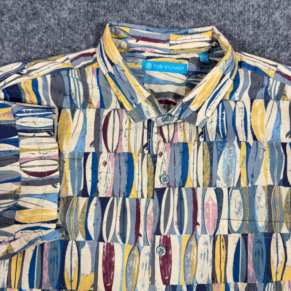 Tori Richard Surfboard Print Aloha Shirt Mens XL Blue Yellow Cotton Lawn USA EUC